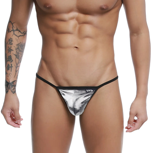 Silver metallic mesh string thong with black trim and small uxs logo on waistband u station silver armed u0304-993