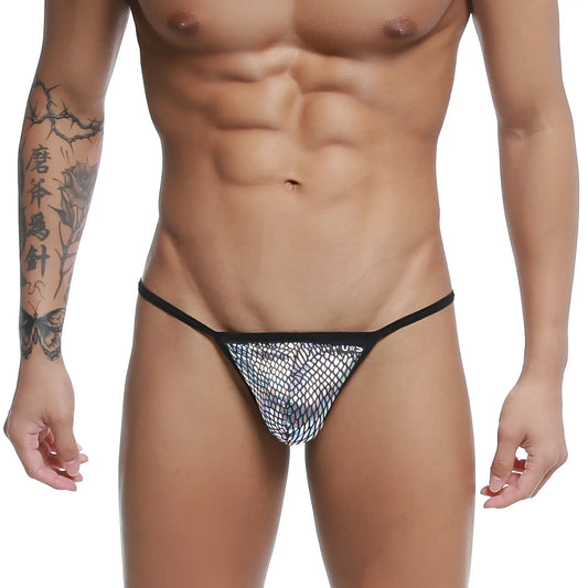 Black-trimmed mesh string thong with shimmering iridescent pattern u-station technic u0304-992 front view