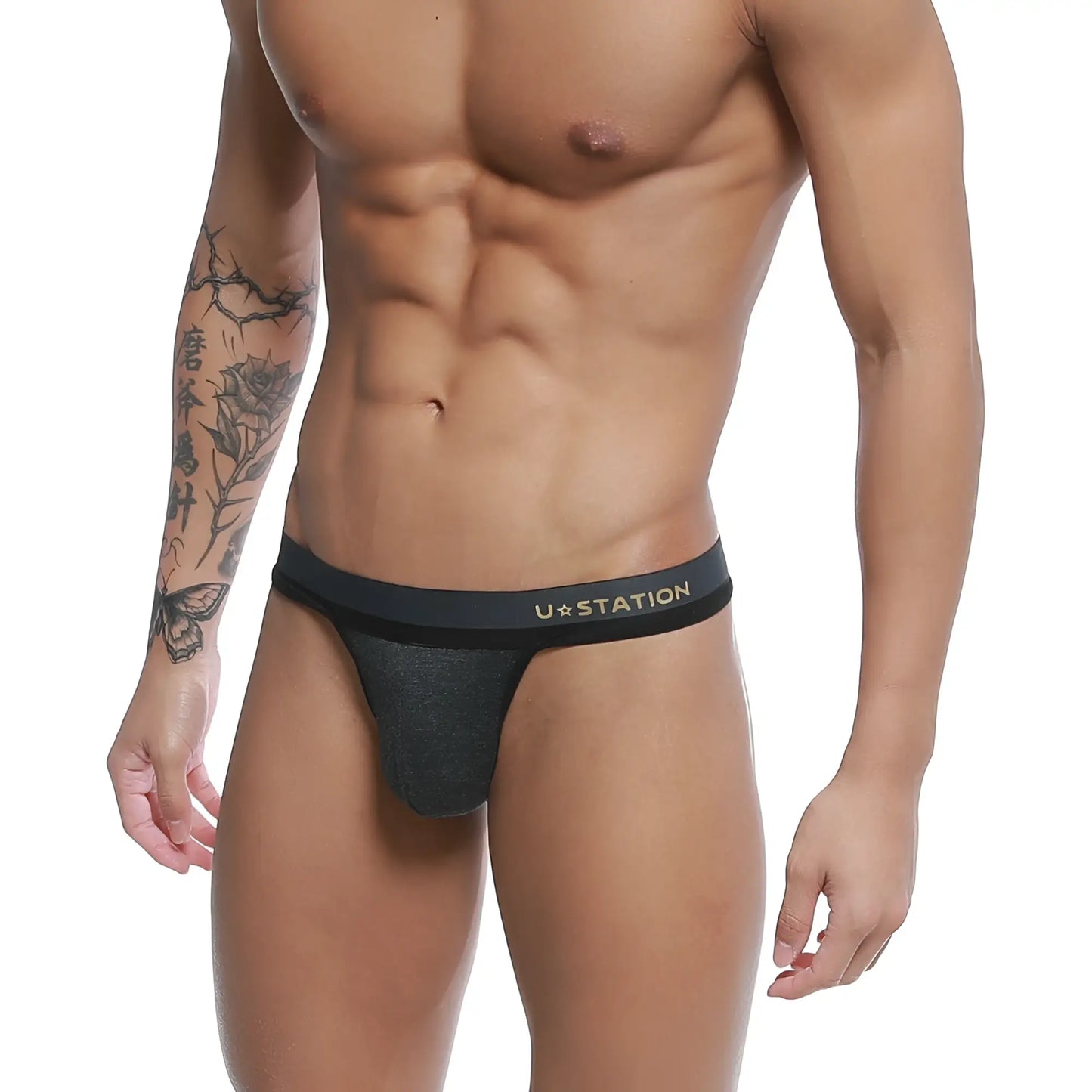 Black u station brand talent thong with subtle heathered texture and gold lettering on waistband gray u0104-013