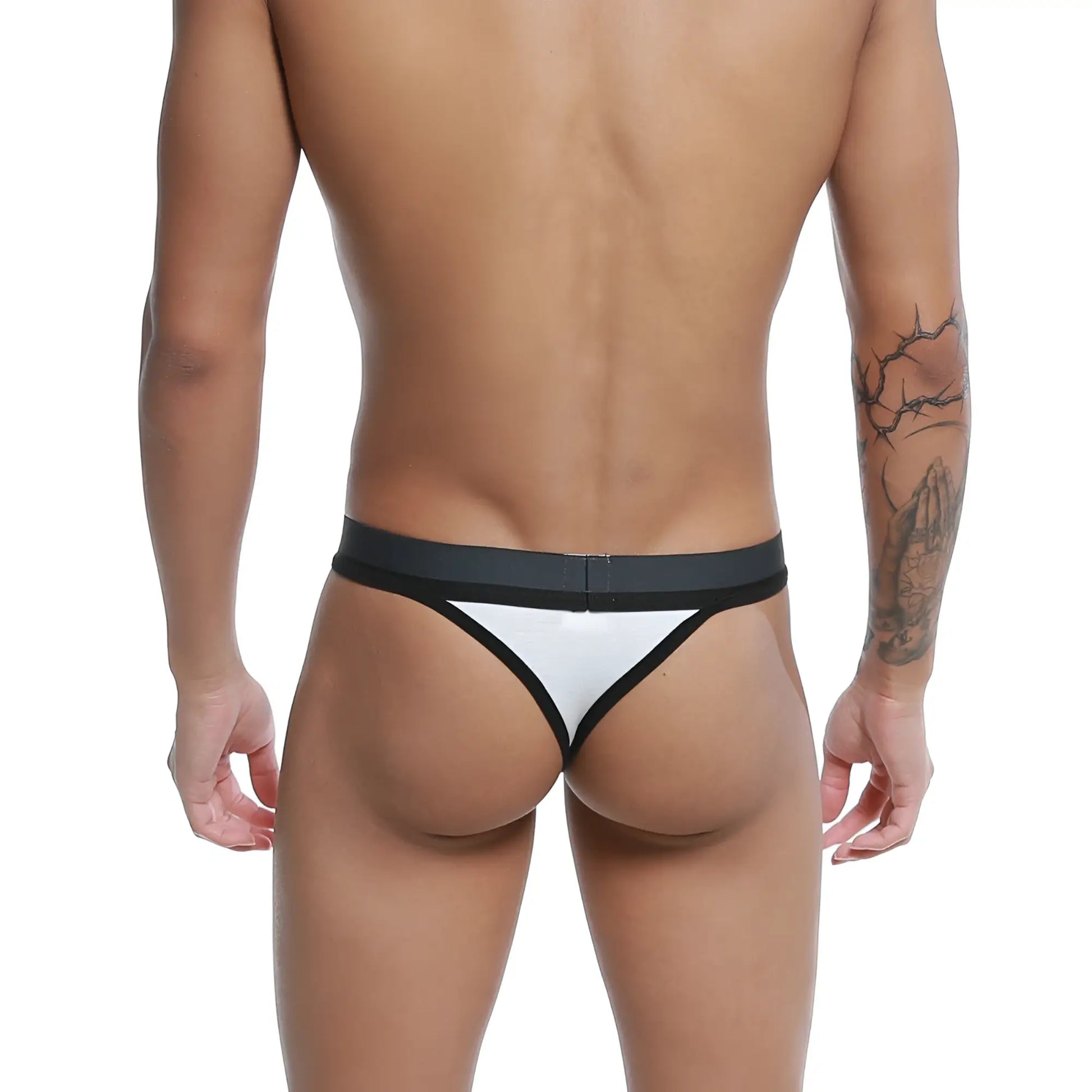 White and black u-station talent thong with sleek minimalist design and wide elastic waistband shown from the back