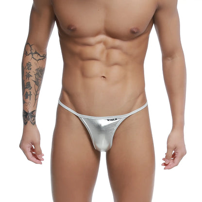 Silver metallic thong u-station trendy thong silver u1114-040 with subtle logo on waistband front view