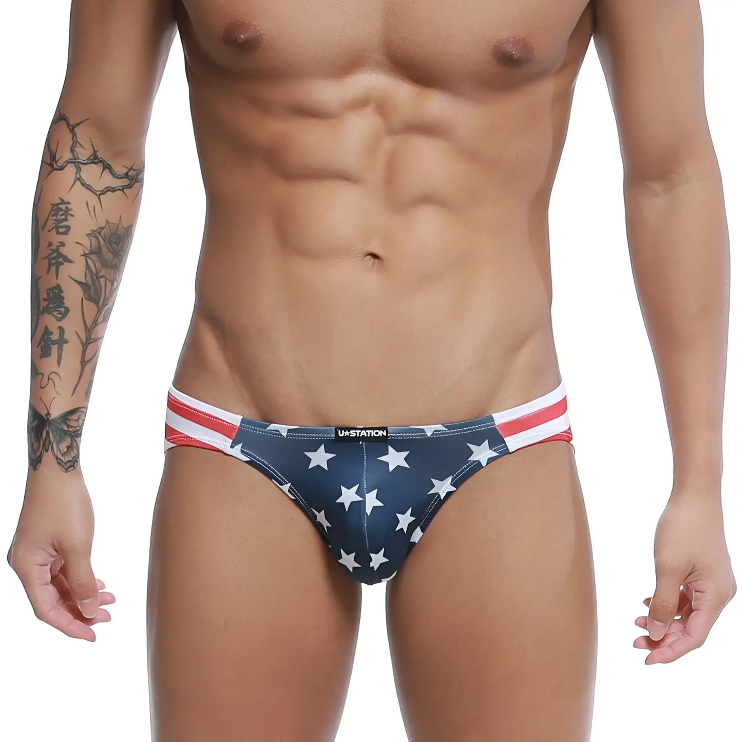 Blue american flag-themed bikini briefs with white stars red and white striped waistband by U-Station usa