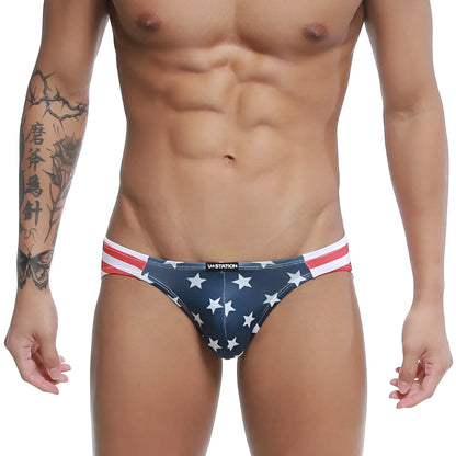 Blue american flag-themed bikini briefs with white stars red and white striped waistband by U-Station usa