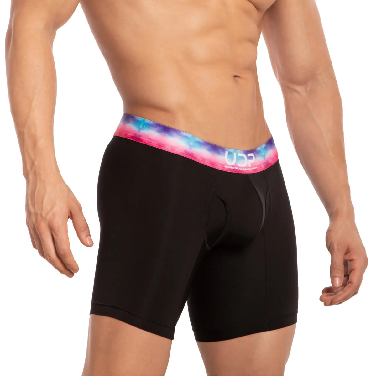 Black boxer briefs udg001 the pregame boxer with vibrant pink blue and purple tie-dye waistband front view