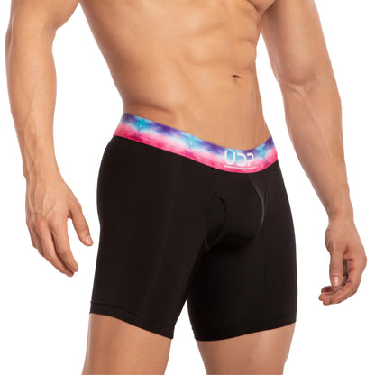 Black boxer briefs udg001 the pregame boxer with vibrant pink blue and purple tie-dye waistband front view