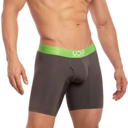Dark gray boxer briefs with bright green udp logo waistband udg001 the pregame boxer for comfortable wear