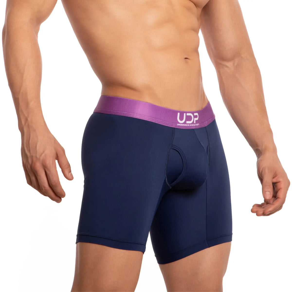 Navy blue boxer briefs udg001 the pregame boxer with purple elastic waistband featuring udp logo front view