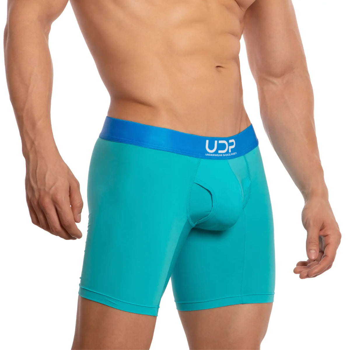 Teal menâ€™s boxer briefs with a blue udp logo waistband designed for comfort and active use udg001 the pregame boxer