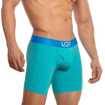 Teal menâ€™s boxer briefs with a blue udp logo waistband designed for comfort and active use udg001 the pregame boxer