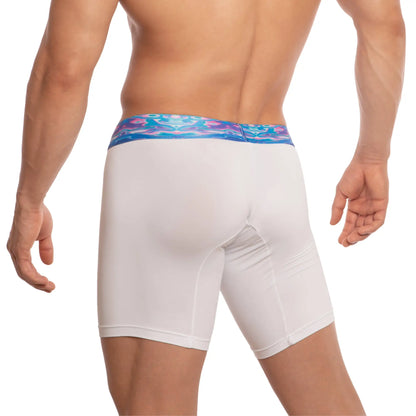 White menâ€™s boxer briefs udg001 the pregame boxer with vibrant blue and purple patterned waistband front side view