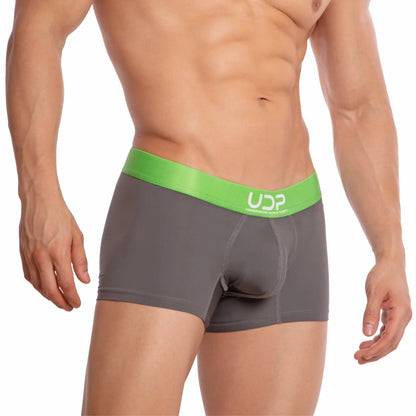 Gray udp udg002 boxer briefs with bright green elastic waistband featuring udp logo for comfortable everyday wear