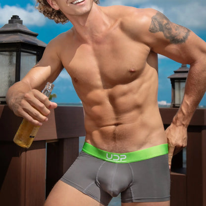 Gray udp udg002 boxer briefs with a bright green waistband featuring the udp logo for comfortable daily wear