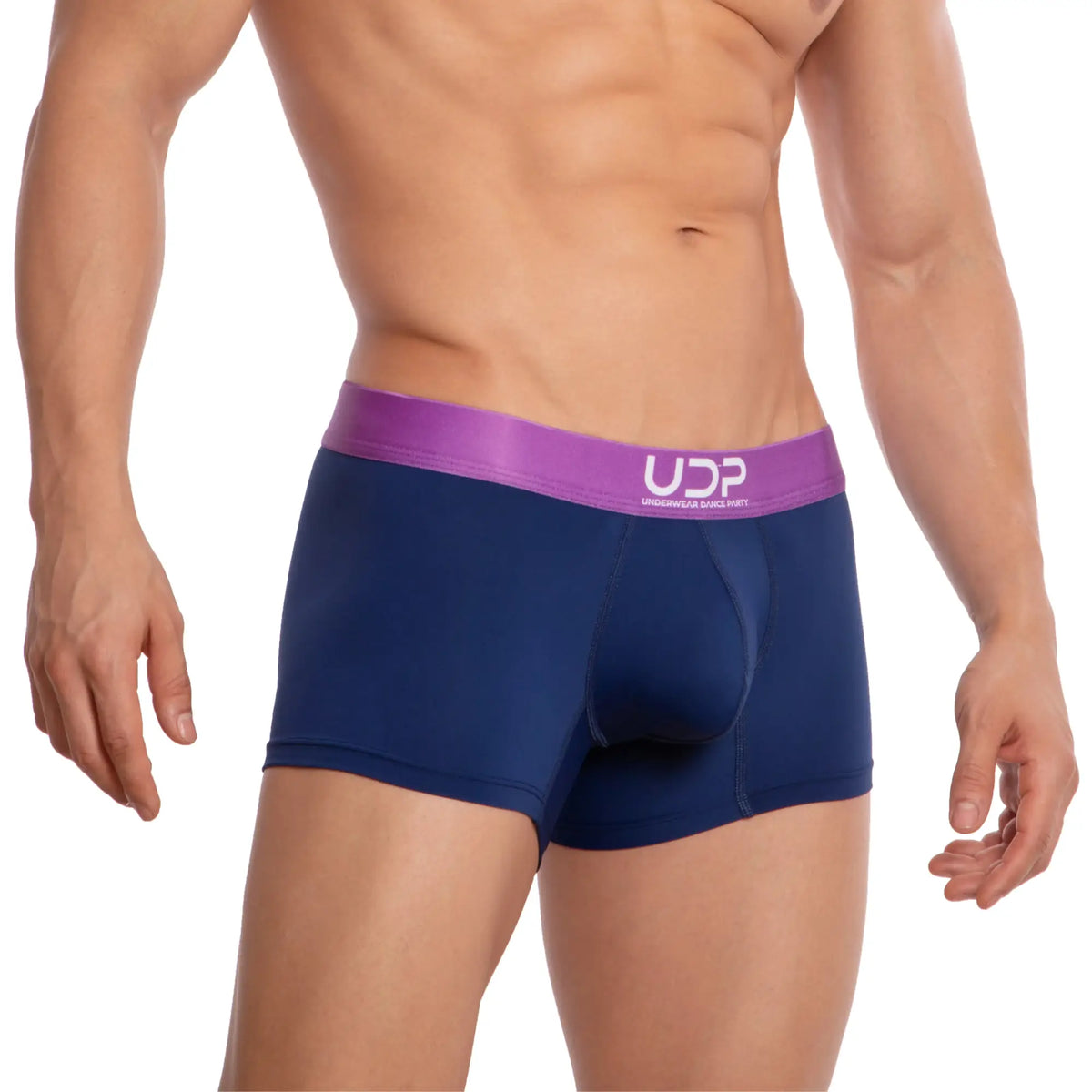 Navy blue udp udg002 boxer briefs with a purple waistband featuring the udp logo for comfortable daily wear