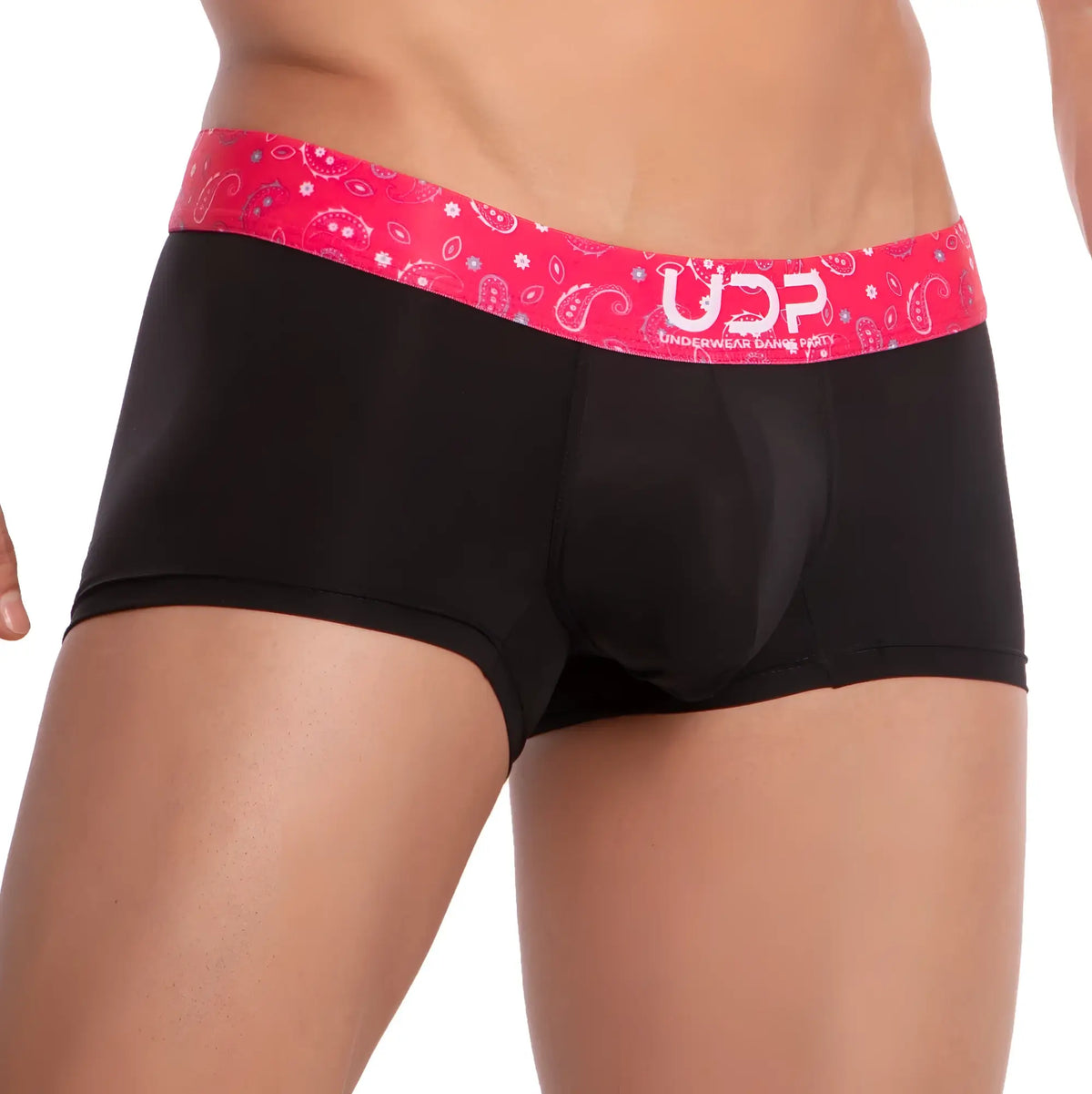 Black briefs udp udg003 boxer trunk with vibrant pink paisley waistband and white ucp logo for comfortable wear