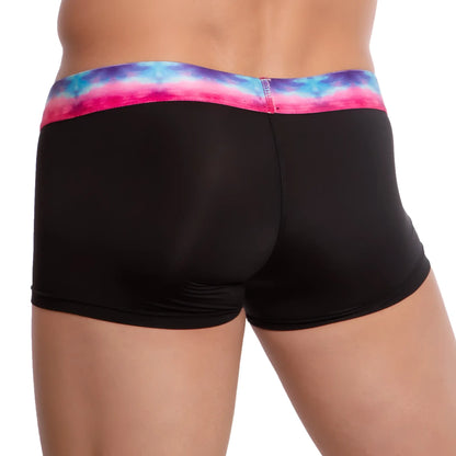 Udp udg003 boxer trunk black briefs with vibrant tie-dye pink blue and purple swirl waistband visible front side