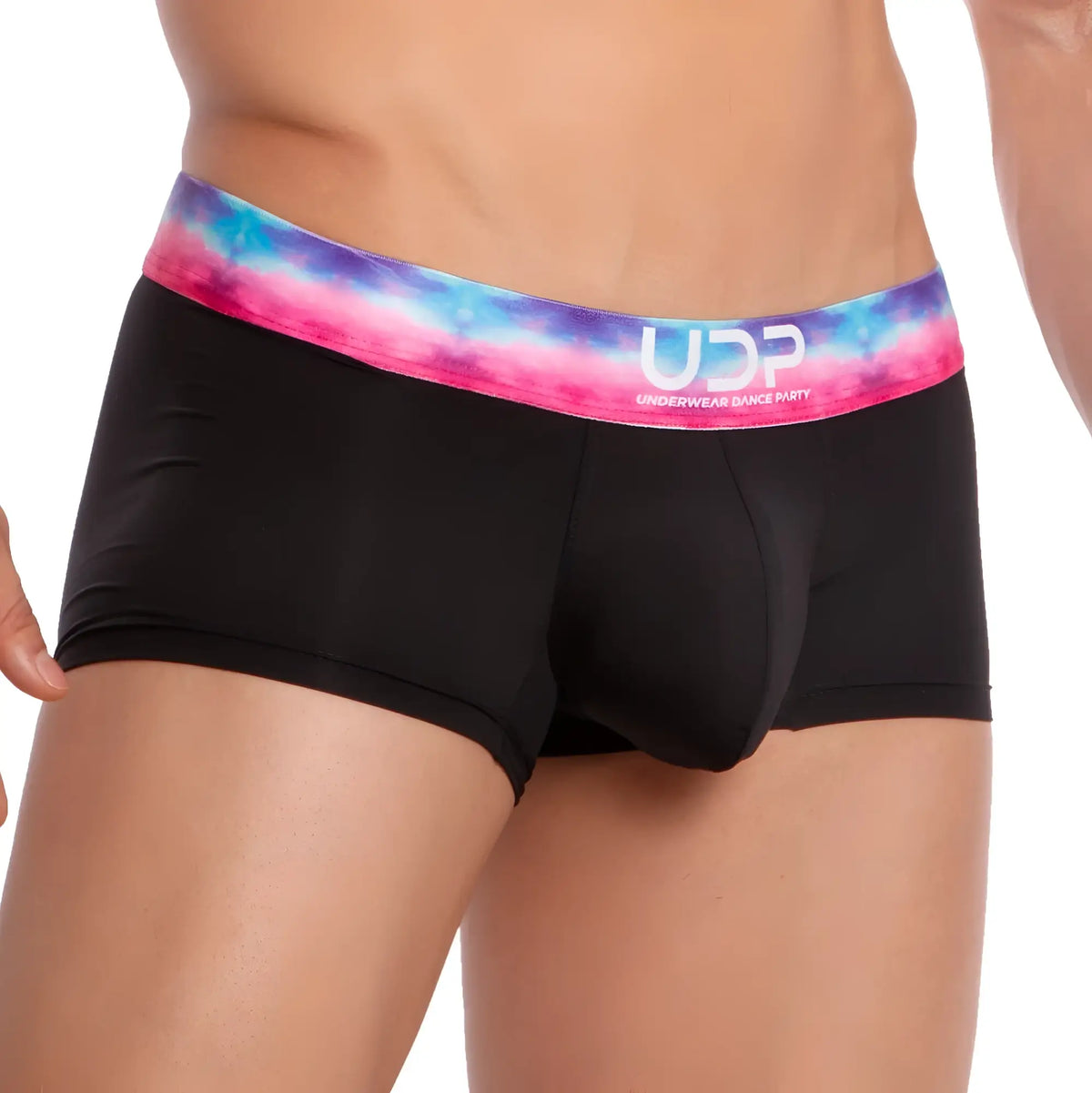 Black briefs udp udg003 boxer trunk with vibrant pink blue and purple tie-dye waistband and udp underwear dance party logo