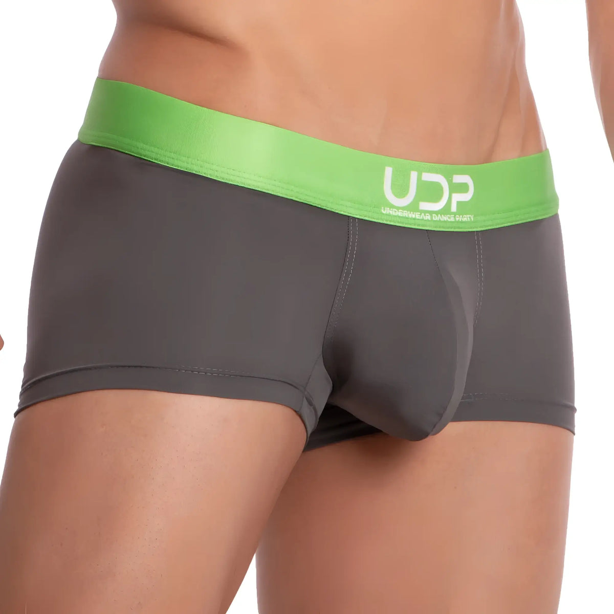 Gray briefs with bright green waistband featuring udp logo from udp udg003 boxer trunk collection
