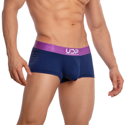 Navy blue udp udg003 boxer trunk briefs with vibrant purple waistband and white udp logo on front