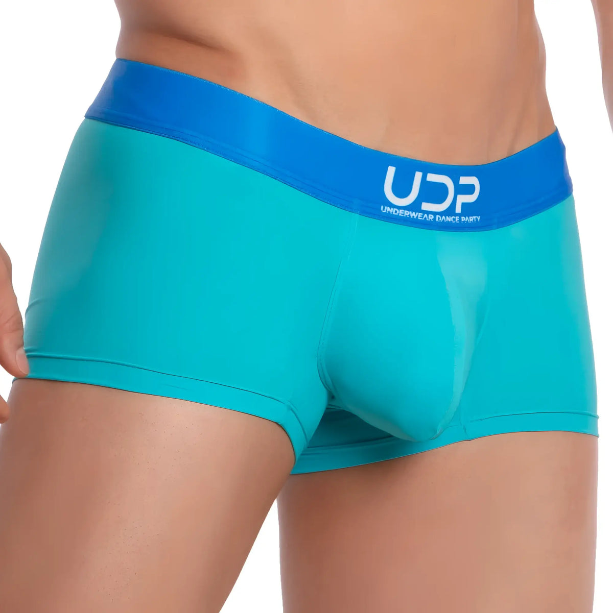 Udp udg003 boxer trunk teal and blue menâ€™s briefs with satin waistband and udp underwear dance party logo