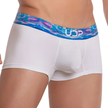 White briefs udp udg003 boxer trunk with vibrant blue pink and teal abstract patterned waistband and udp logo