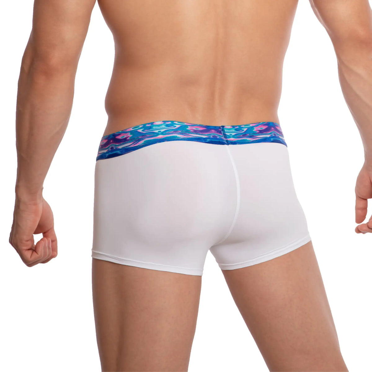 Udp udg003 boxer trunk white boxer briefs with vibrant blue purple and pink abstract patterned waistband