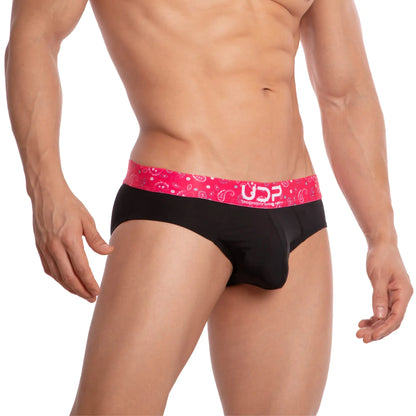 Black briefs udp udj001 with vibrant pink waistband featuring white paisley patterns and udp logo