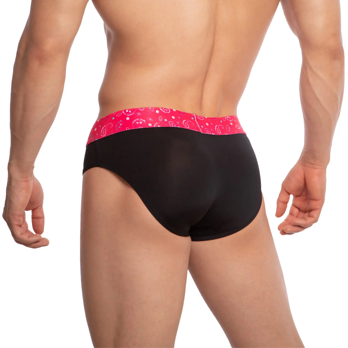 Black briefs udp udj001 with a vibrant pink waistband featuring white paisley patterns in soft cotton fabric