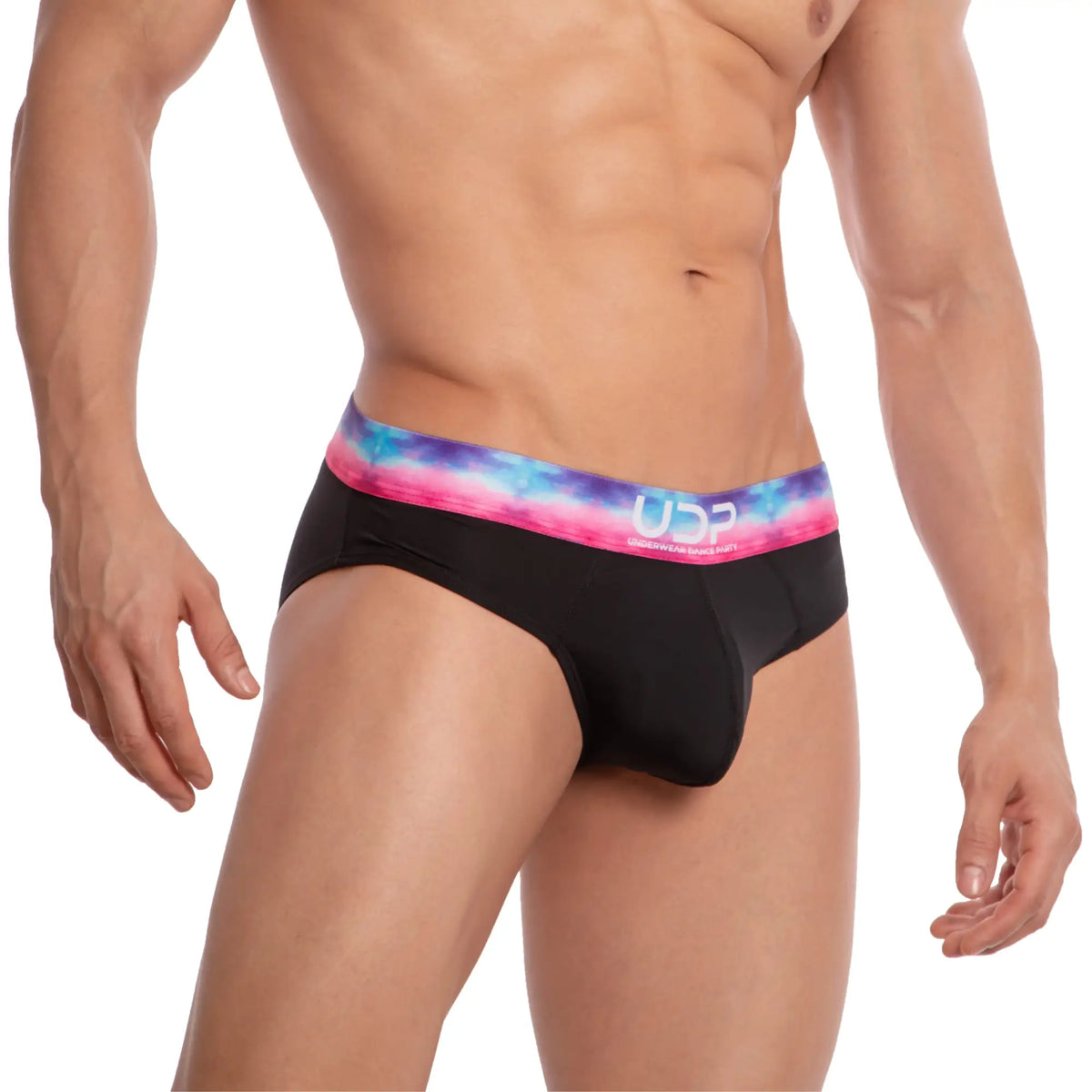 Black UDP UDJ001 brief with vibrant pink blue and purple tie-dye waistband made from soft breathable fabric