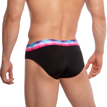 Black UDP UDJ001 brief with a vibrant pink blue and purple tie-dye waistband for comfortable everyday wear