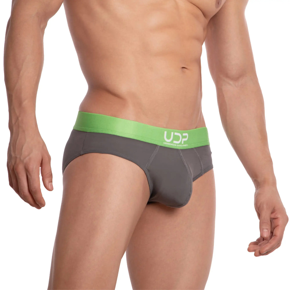 Gray briefs with bright green udp logo waistband designed for comfortable everyday wear in breathable fabric