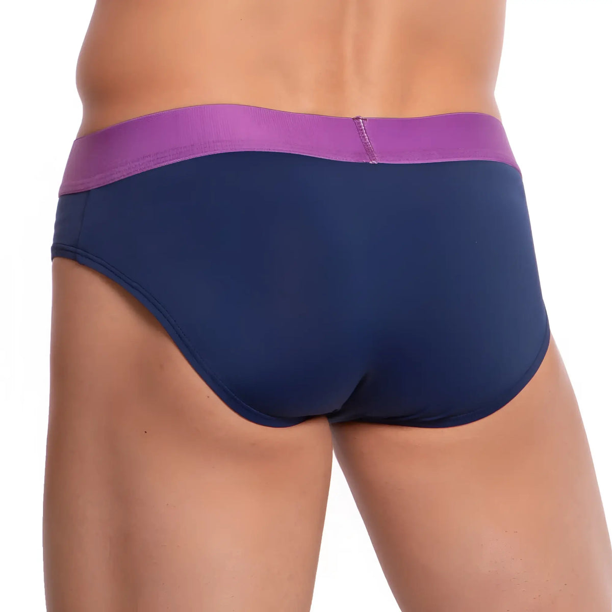 Navy blue UDP UDJ001 brief with purple elastic waistband showing front side in soft breathable fabric
