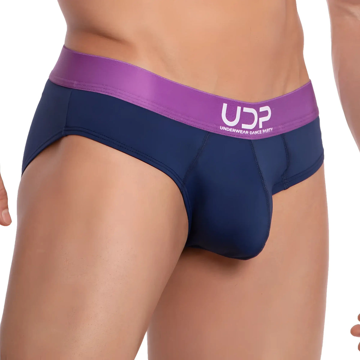 Navy blue and purple udp udj001 brief underwear with satin-like waistband featuring the brand logo