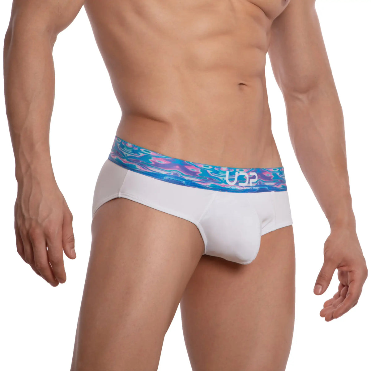 White UDP UDJ001 brief with a vibrant blue and pink patterned waistband featuring the u2 logo