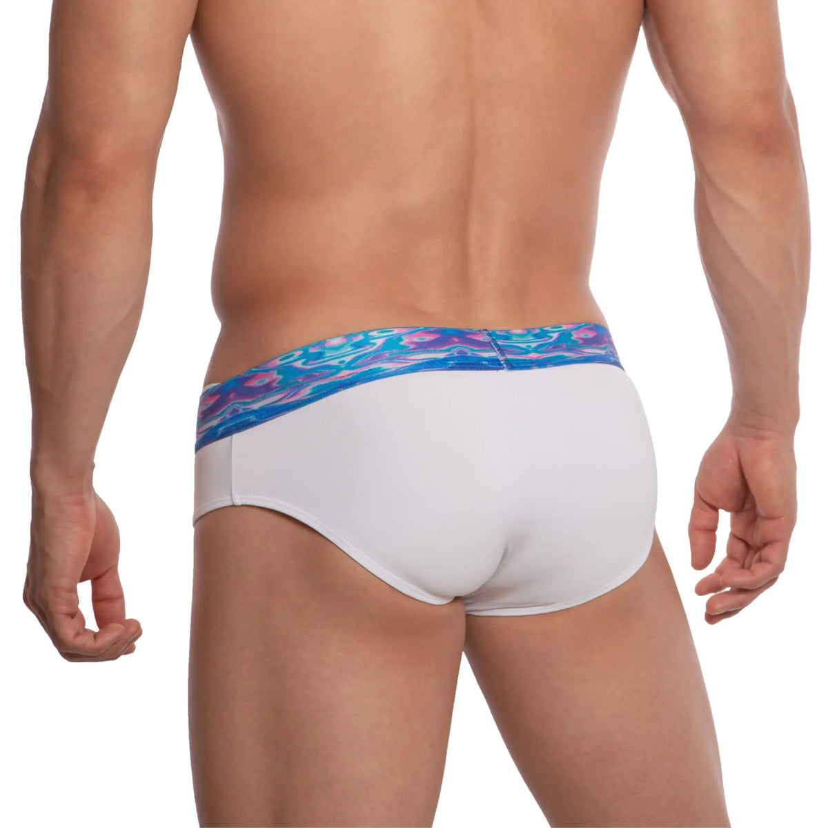 Udp udj001 brief white briefs with vibrant blue purple and pink abstract patterned waistband