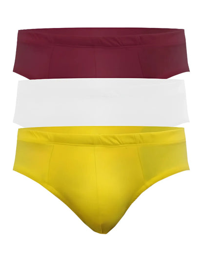 Three pairs of UG contour basic brief men’s underwear in maroon white and yellow colors with contour design