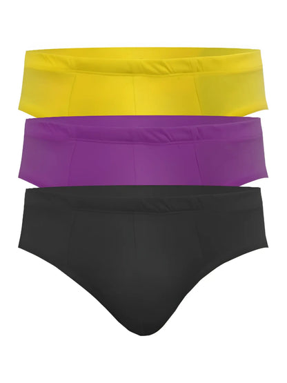 Ug contour basic brief 3-pack showing three pairs of soft cotton women’s briefs in yellow purple and black colors