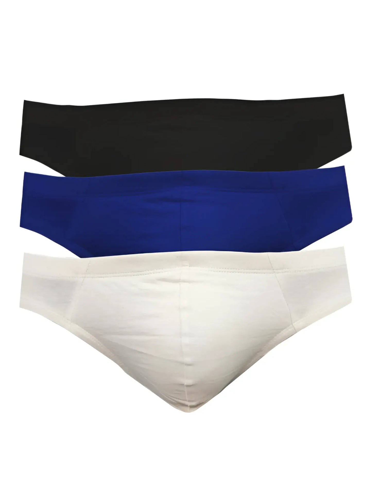 Three-pack of ug contour french brief men’s briefs in black royal blue and white with contour pouch design
