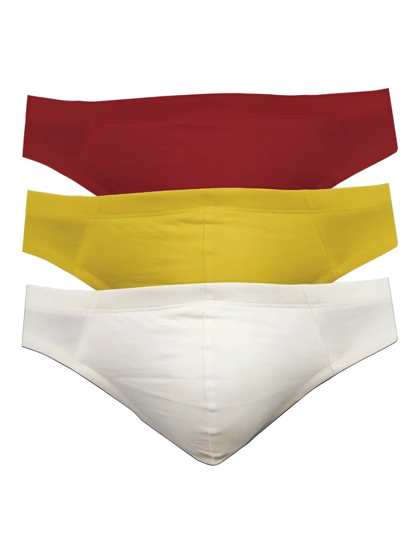 Three pairs of ug contour french briefs in red yellow and white featuring a supportive contour design