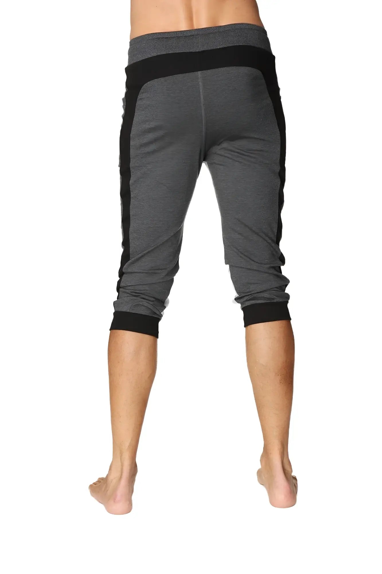 Ultra-flex tri-color cuffed yoga pant in charcoal with black and grey textured fabric and contrasting side panels