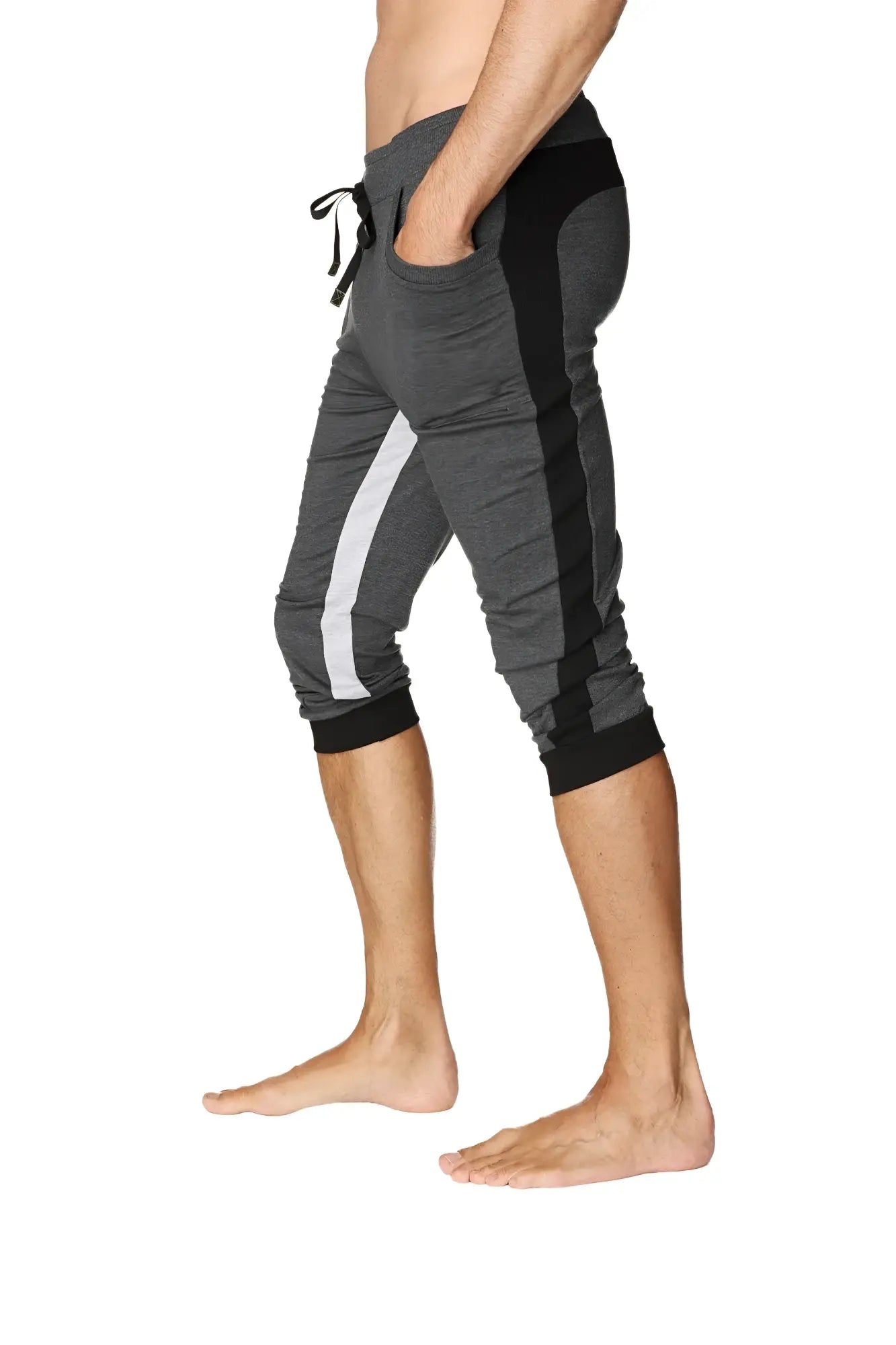 Ultra-flex tri-color cuffed yoga pant in charcoal with black and grey featuring white side stripe and athletic capri fit