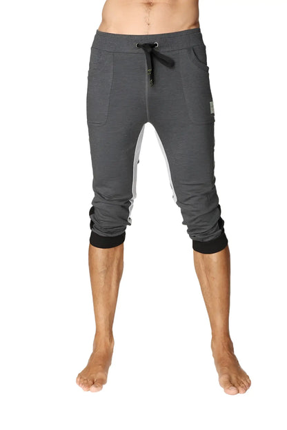 Ultra-flex tri-color cuffed yoga pant in charcoal with black and grey features gray heathered jogger fabric and white side panels