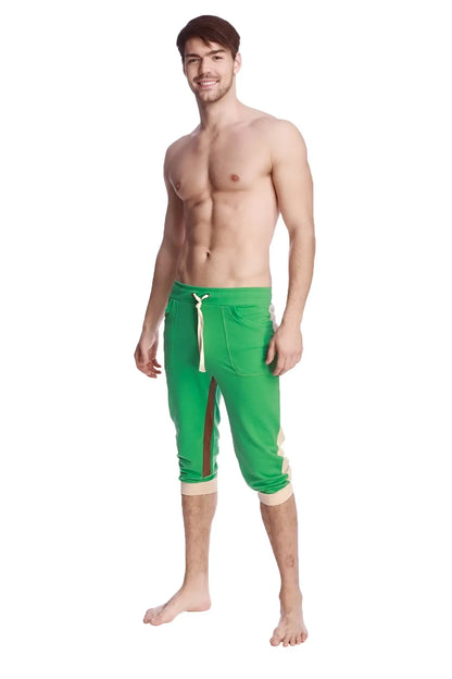 Green ultra-flex tri-color cuffed yoga pant with white drawstring and side panels in capri length
