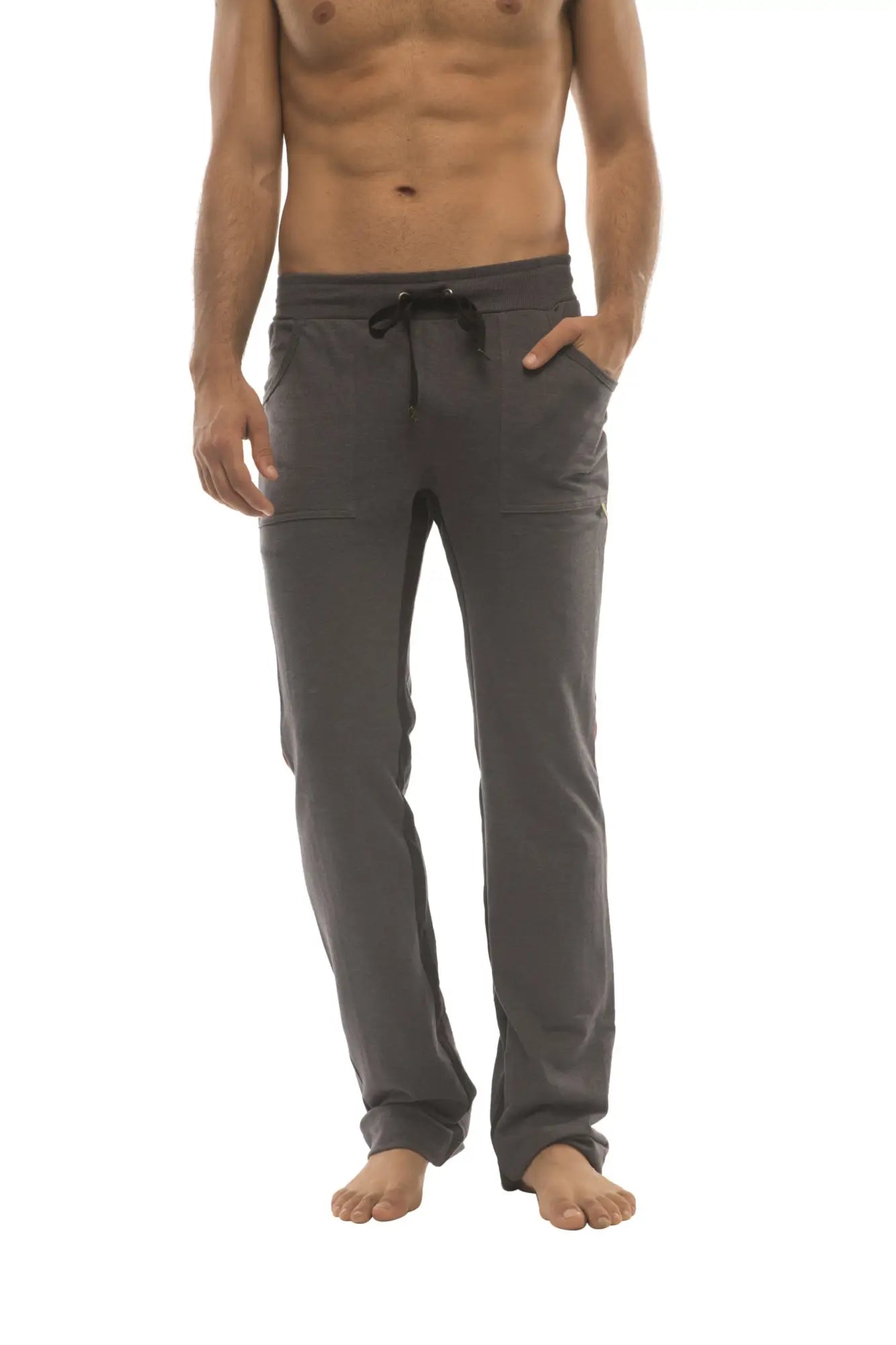 Dark gray ultra flex yoga sweat pant with comfortable fit black drawstring waistband and side pockets