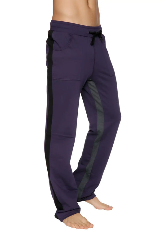 Ultra flex yoga track and yoga sweat pant in eggplant with black and charcoal side stripes and a drawstring waistband