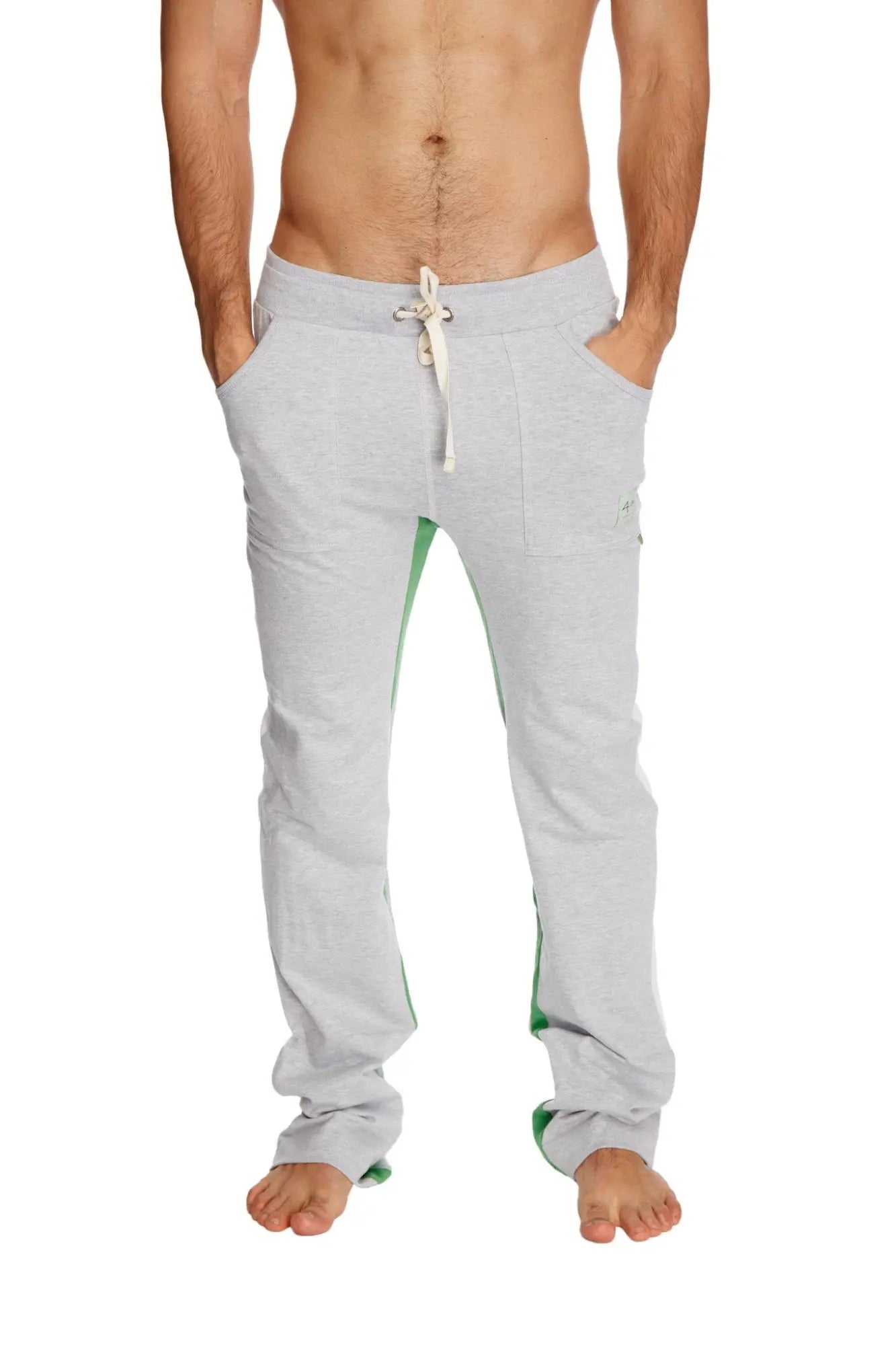 Gray ultra flex yoga sweatpant with green side panels and white drawstring designed for comfort and flexibility