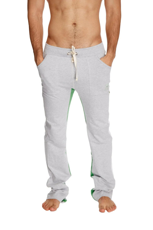 Gray ultra flex yoga sweatpant with green side panels and white drawstring designed for comfort and flexibility