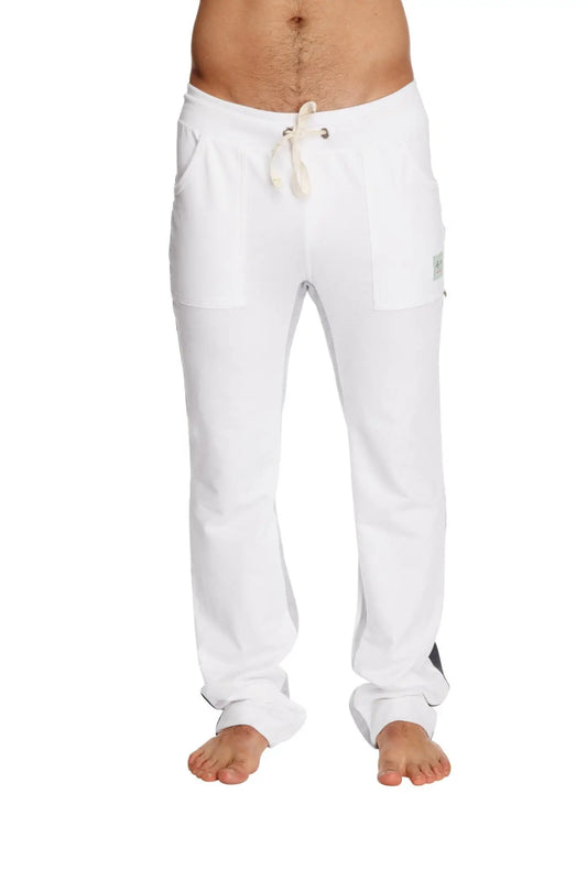 White ultra flex yoga sweatpant with drawstring waist side pockets and small brand tag for flexible workouts