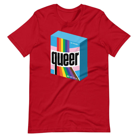 Red short-sleeved cotton t-shirt featuring a colorful rainbow-striped box with the word queer in bold black letters
