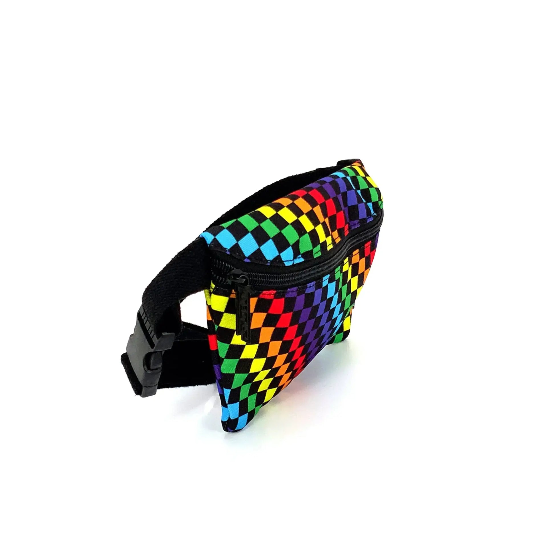 Ultra slim fanny pack made of rainbow checkered fabric with a black zipper and adjustable strap for hands-free use