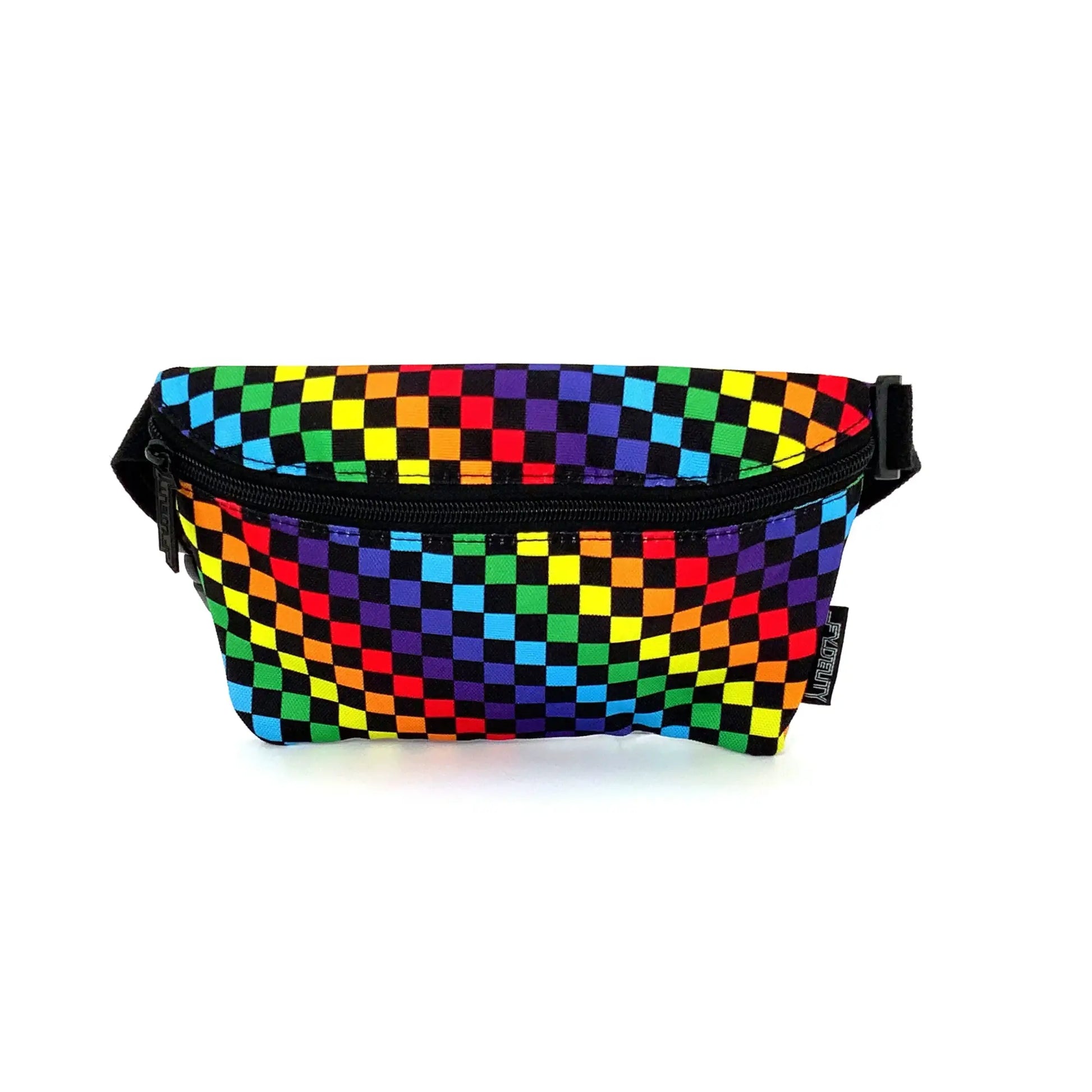 Ultra slim fanny pack with vibrant rainbow checkered pattern black zipper and adjustable strap for hands free use